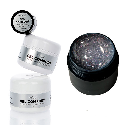 Гель без обпилу COMFORT GEL #15 - прозорий з включеннями шимера, поталі та юки,, 5г
